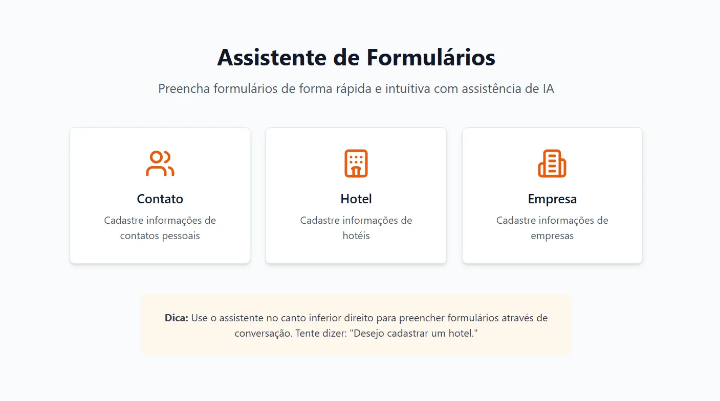 Hub do assistente, com os módulos de cadastro disponíveis