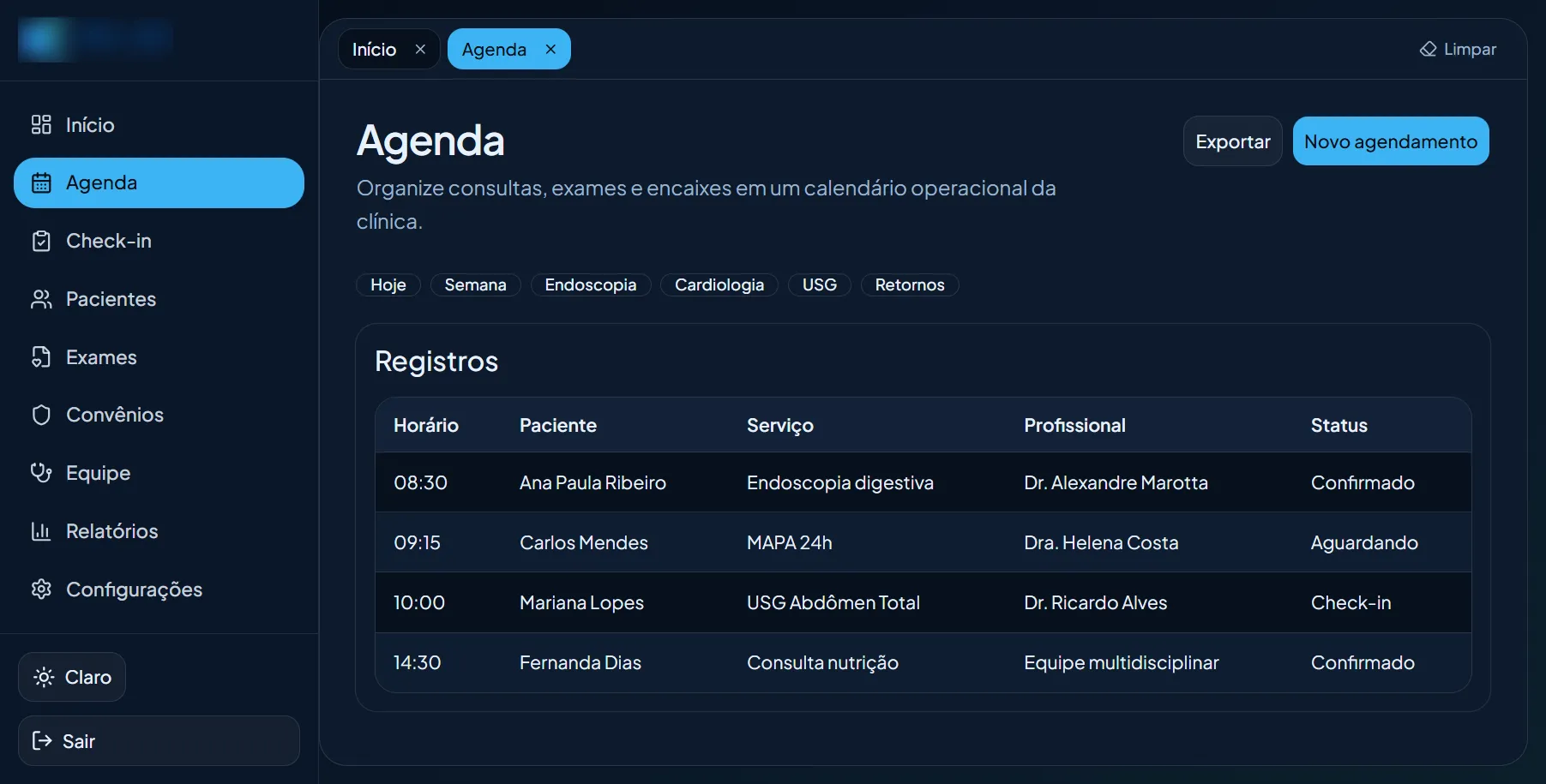 Agenda por profissional e horário