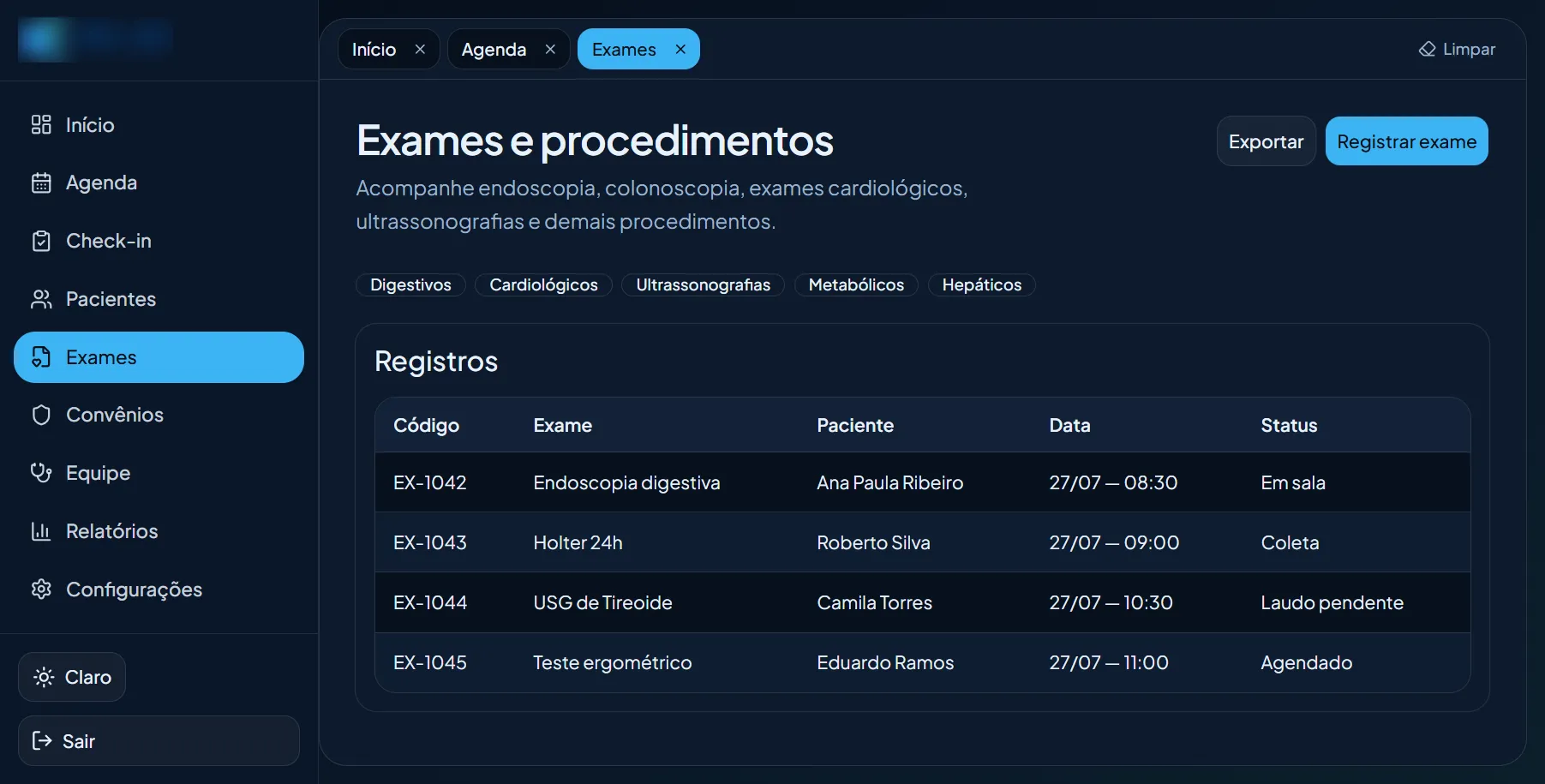 Exames com laudos pendentes e entregues