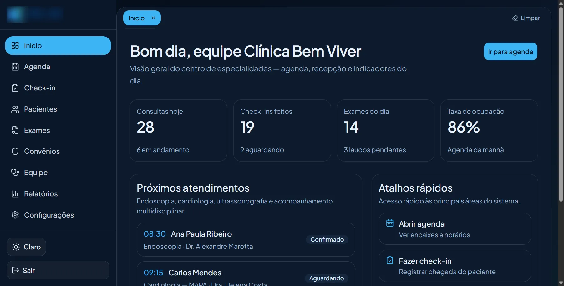 Visão geral do dia: consultas, check-ins e ocupação
