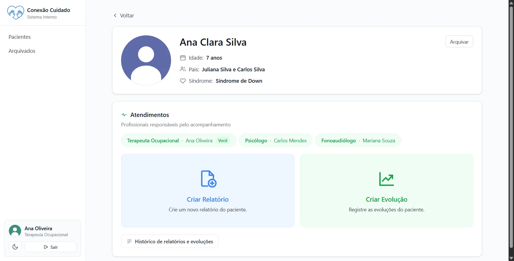 Ficha do paciente com os profissionais responsáveis