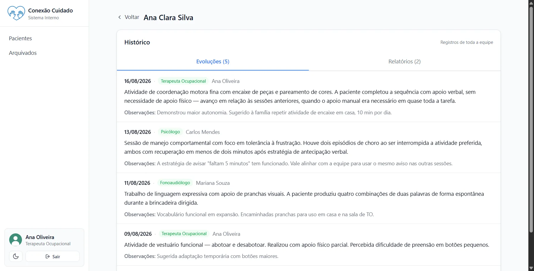 Histórico de relatórios e evoluções do atendimento