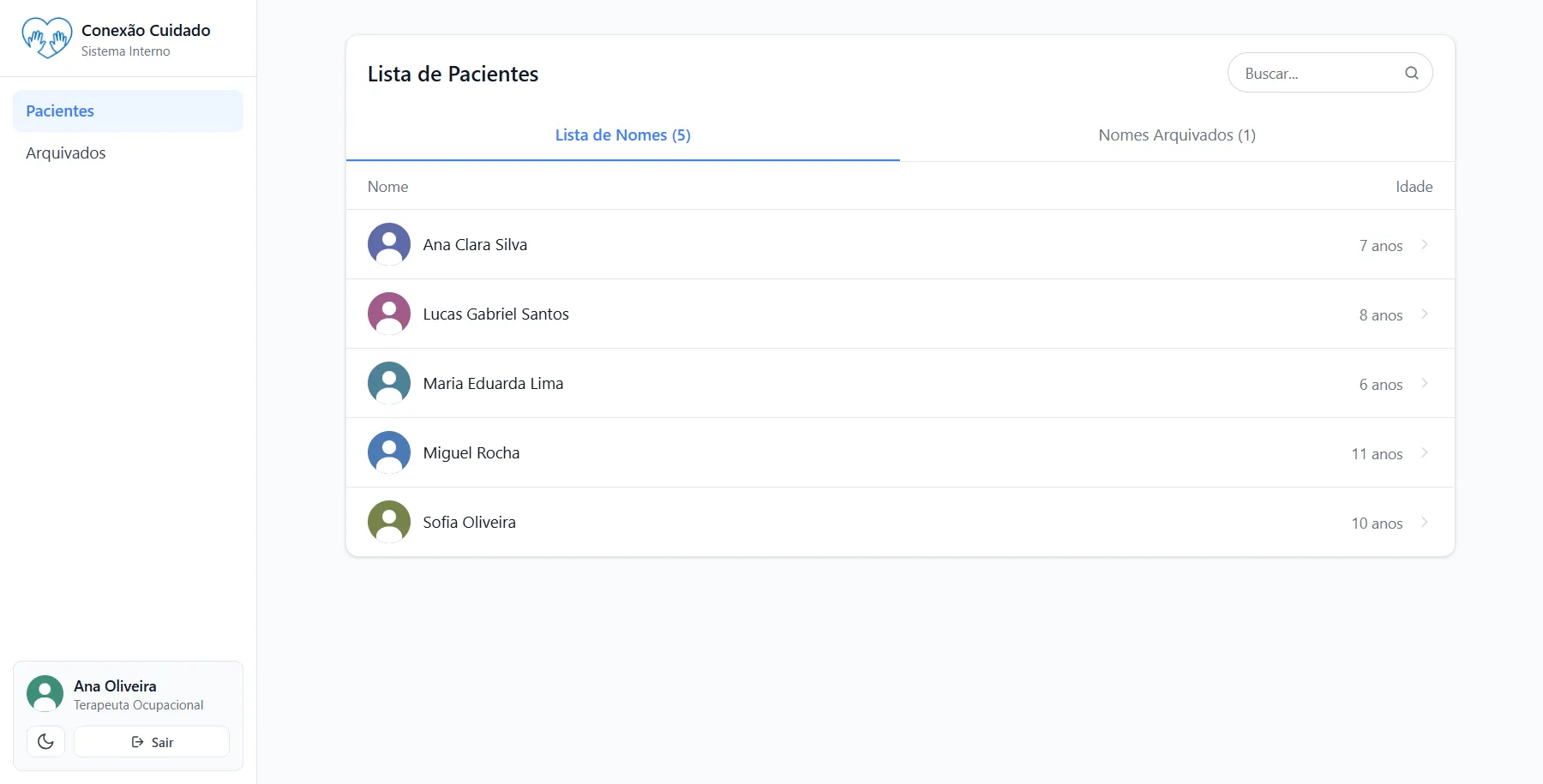 Lista de pacientes com busca e aba de arquivados