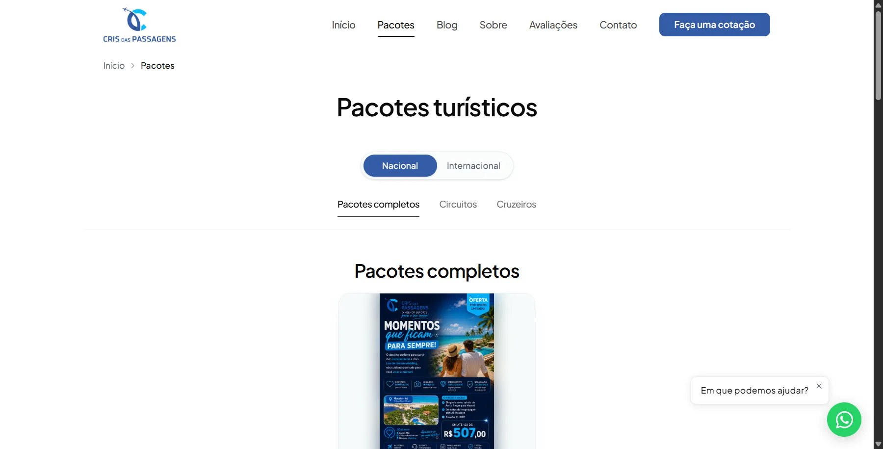 Catálogo de pacotes com filtro por destino e preço