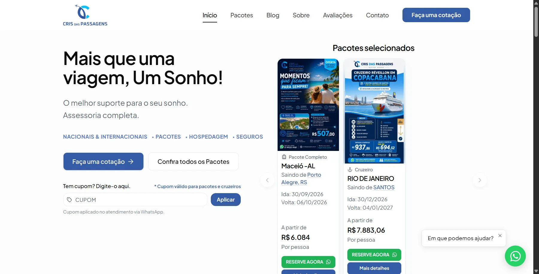 Home com busca de pacotes e chamada pro WhatsApp