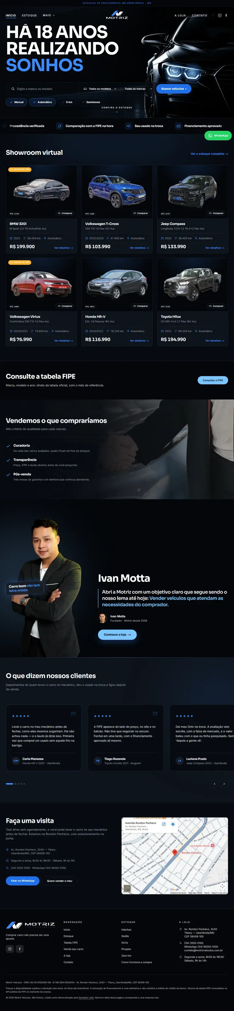 Full page of the Motriz Veículos website