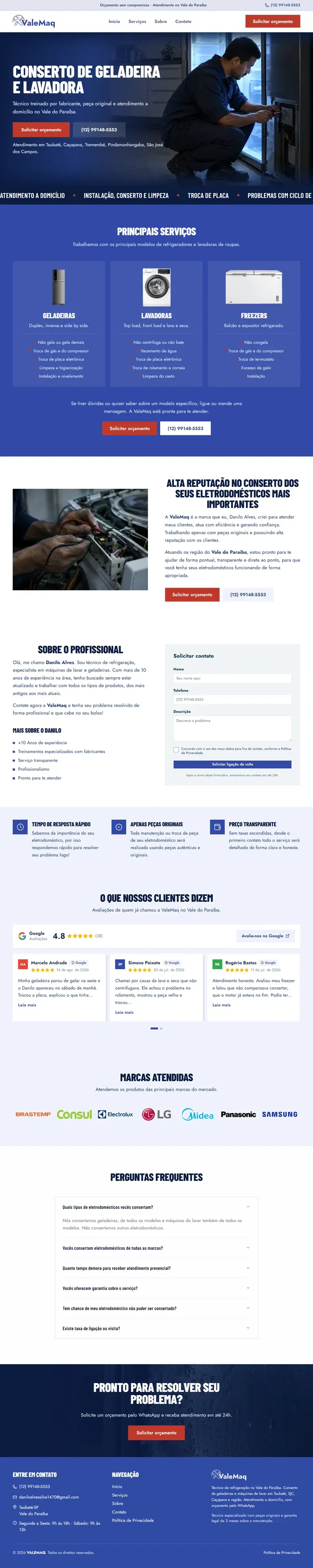 Full page of the VALEMAQ Refrigeração website